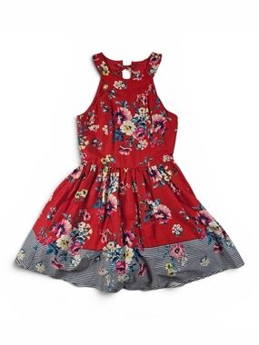 AUW Red Floral Halter Dress with Navy Stripe Hem